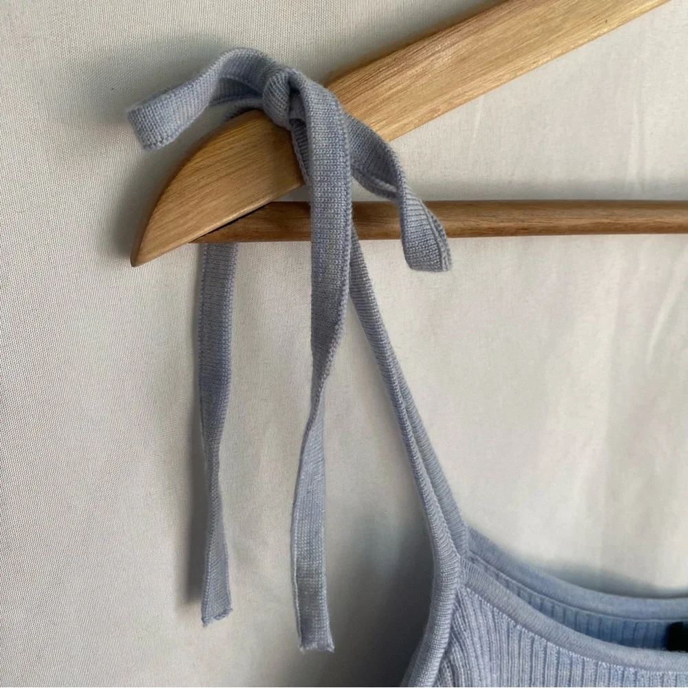 J. Crew Blue 100% Merino Wool Knit Ruffle Top Size Small Tie Straps